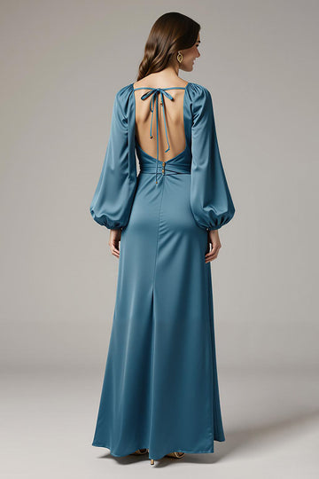 Grey Blue Sheath Satin V-Neck Long Black Tie Dress with Sleeves